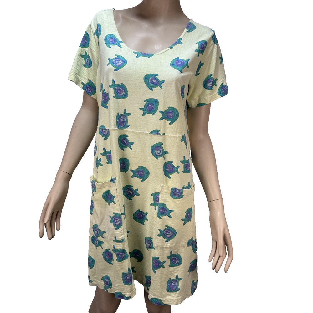 Fresh Produce Vintage 90s T-Shirt Dress Size L Yellow Fish Print Cotton Pockets